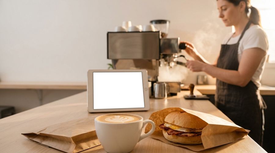 A café owner at the coffee machine