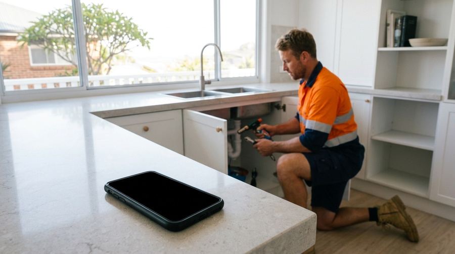 A plumber under a sink with his phone on the bench