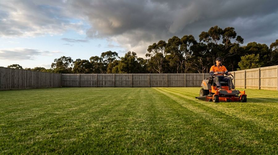 A man mowing a lawn under storm clouds