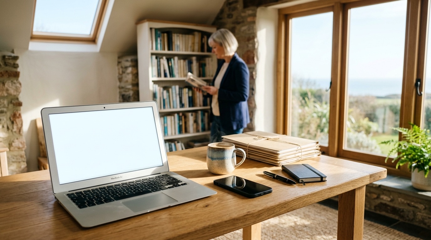 A consultant reading in her home office, a laptop open on the desk