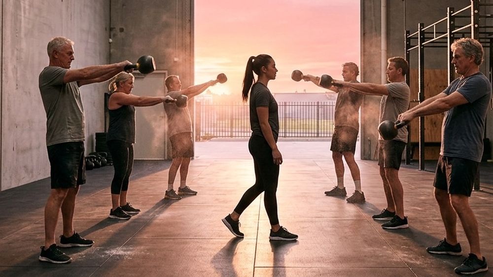 A kettlebell class in a warehouse gym at sunrise